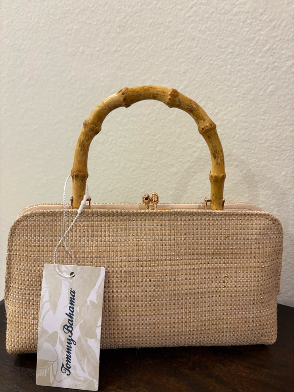 Tommy Bahama Natural Beige Woven Bamboo-Handle Mini Handbag